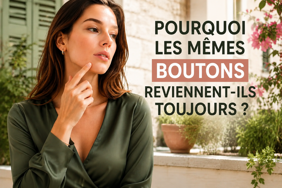 Femme élégante dans une cour méditerranéenne lumineuse observant une zone récurrente d’acné adulte sur son menton