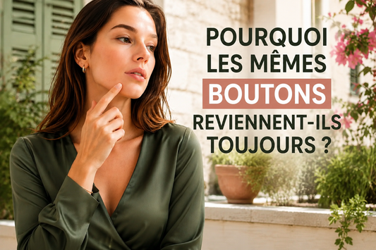Femme élégante dans une cour méditerranéenne lumineuse observant une zone récurrente d’acné adulte sur son menton