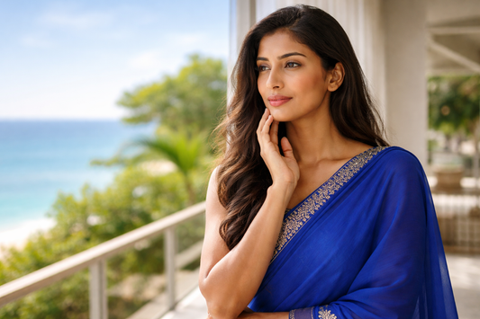 Femme indienne en sari bleu posant la main sur sa mâchoire près d’une baie vitrée ouverte sur la mer, illustrant l’acné adulte et la question hormonale ou autre cause.