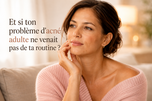 Femme élégante réfléchissant aux causes de son acné adulte malgré une routine de soins régulière dans un intérieur lumineux et apaisant