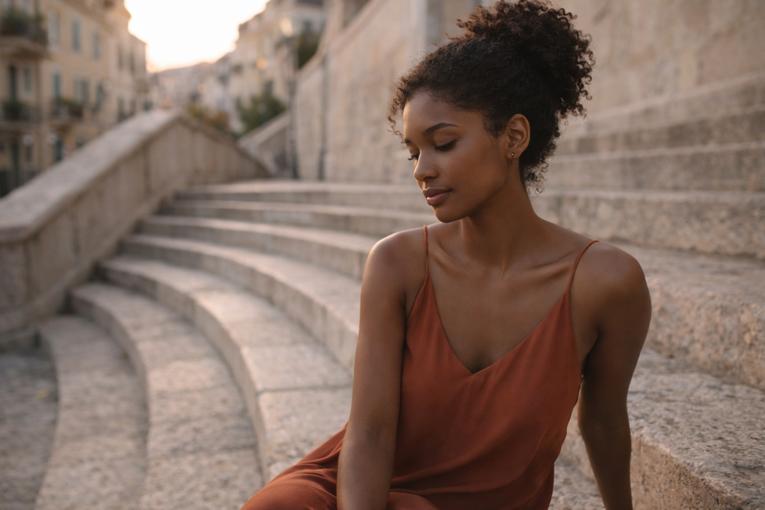 Femme assise sur des escaliers en pierre en ville, expression calme, illustrant un bas du visage qui s’affaisse progressivement