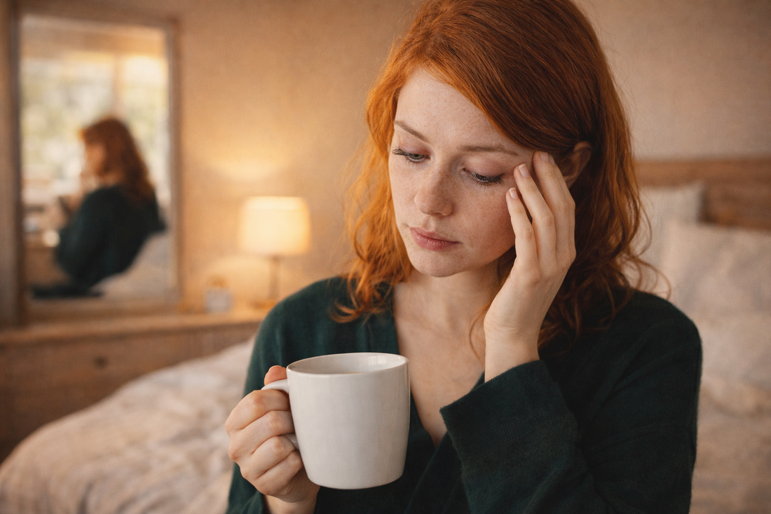 Femme rousse tenant une tasse de café le matin, regard fatigué avec cernes visibles sous les yeux malgré une bonne nuit de sommeil