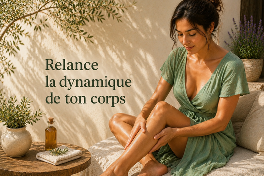 Femme réalisant un massage drainant de la jambe à domicile, illustrant une routine simple pour relancer la circulation et améliorer l'aspect de la peau.