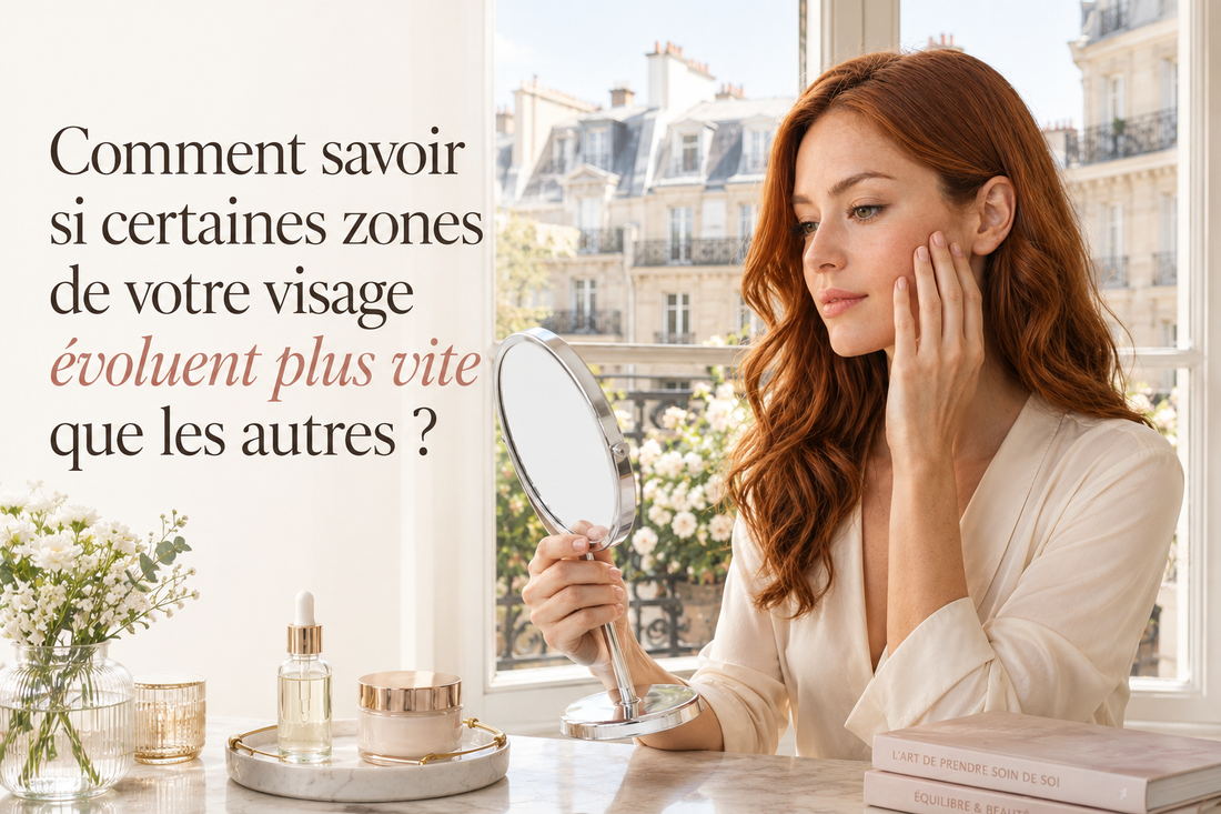 Femme rousse élégante observant sa peau dans un miroir devant une vue urbaine lumineuse, illustrant l’observation des différentes zones du visage et leur évolution au fil du temps.