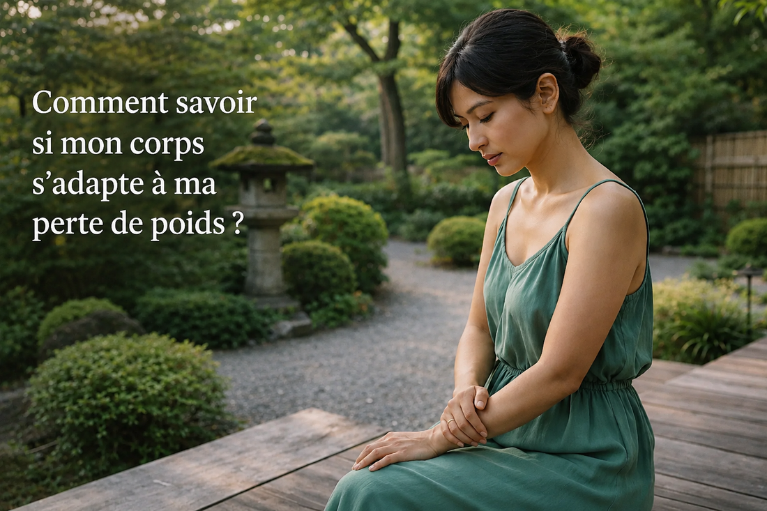 Femme assise dans un jardin observant son corps après une perte de poids, illustrant les signes d'adaptation progressive du corps au cours de l'amincissement.