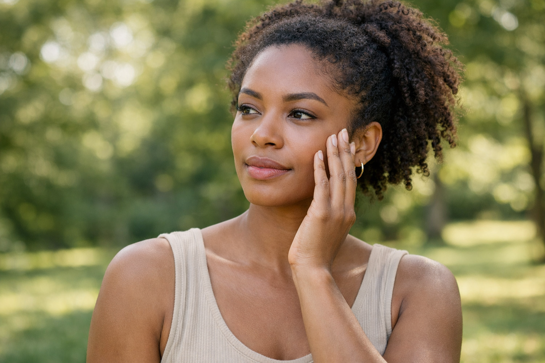 femme afro americaine observant la peau de son visage dans un parc illustrant la progression naturelle de la peau et les cycles biologiques cutanes