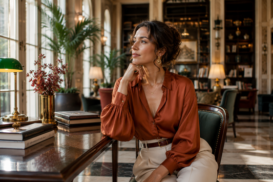 Femme italienne réfléchie dans une bibliothèque haut de gamme symbolisant l’évaluation des véritables progrès de la peau, la stabilité cutanée et l’adaptation biologique durable.