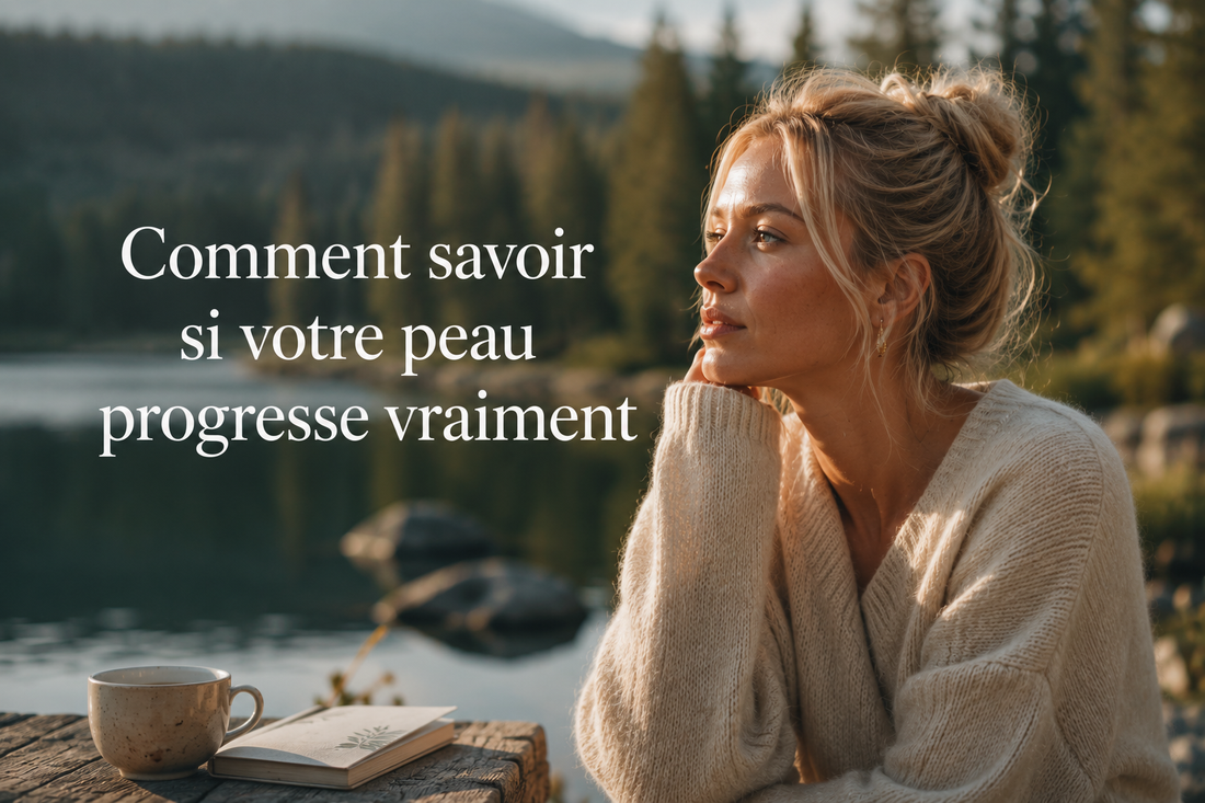 Femme nordique réfléchissant au bord d’un lac en pleine nature observant les signes subtils d’évolution de sa peau dans une ambiance lumineuse et apaisante Bellasteria