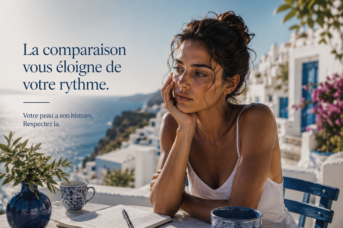 Femme grecque méditerranéenne assise sur une terrasse face à la mer observant sa peau avec réflexion, illustrant la comparaison des résultats cutanés et le respect du rythme biologique de la peau – Bellasteria