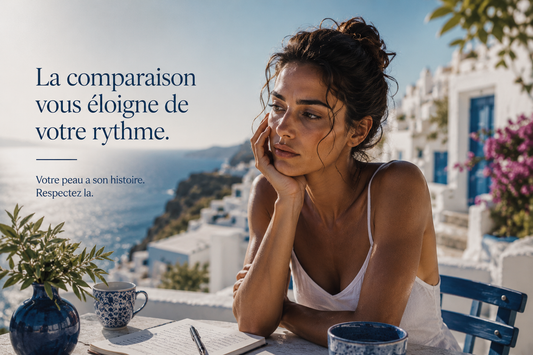 Femme grecque méditerranéenne assise sur une terrasse face à la mer observant sa peau avec réflexion, illustrant la comparaison des résultats cutanés et le respect du rythme biologique de la peau – Bellasteria
