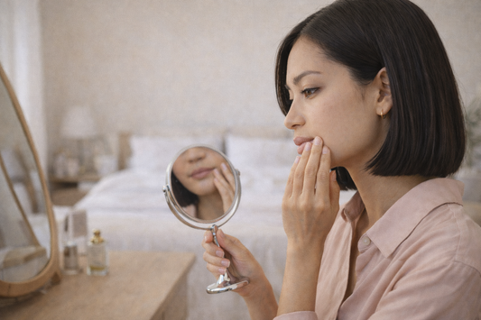 femme asiatique observant le contour de sa bouche dans un miroir evolution de la peau du visage