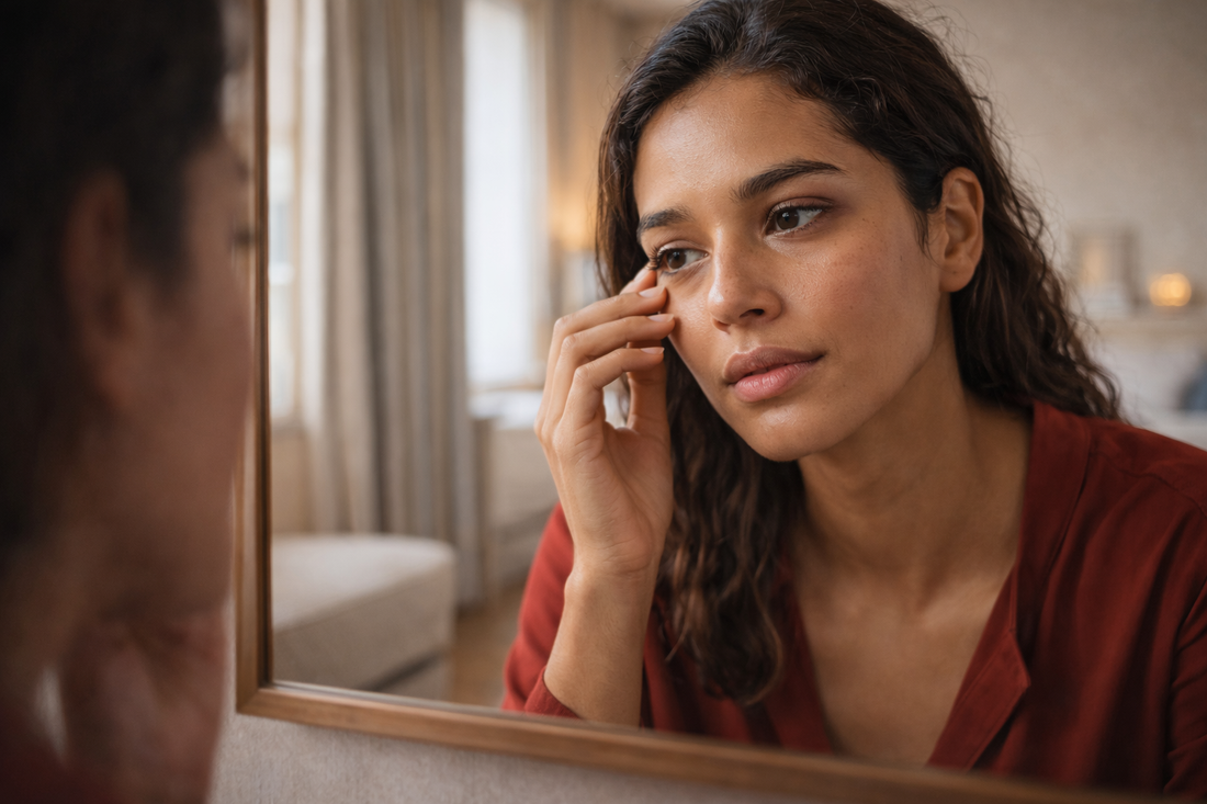 Femme peau mate regard miroir contour des yeux fatigué cernes légers lumière naturelle douce intérieur premium