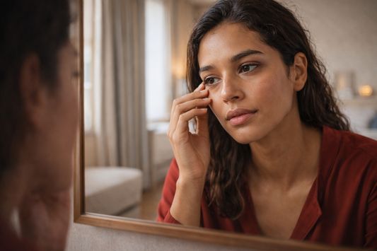 Femme peau mate regard miroir contour des yeux fatigué cernes légers lumière naturelle douce intérieur premium