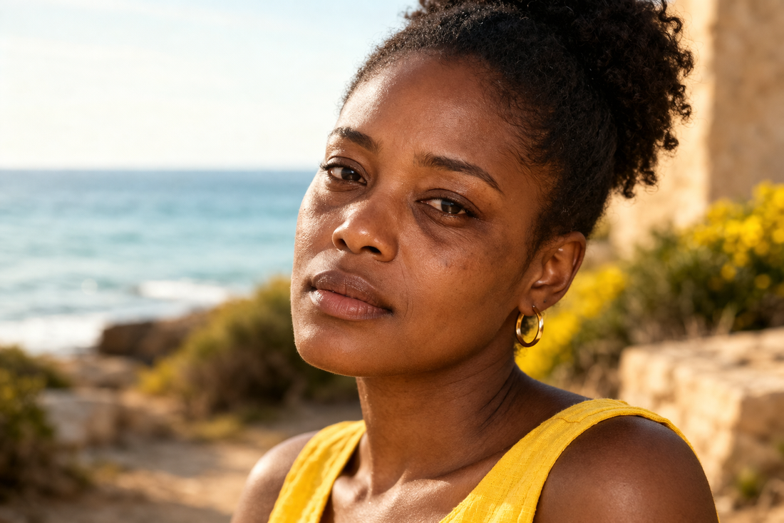 Femme africaine en tenue jaune dans un jardin, regard fatigué avec signes de vieillissement léger autour des yeux et perte de tonicité du contour des yeux