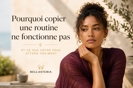 Pourquoi copier une routine de soin trouvée en ligne ne fonctionne pas toujours, illustration d’une femme observant sa peau dans un environnement naturel
