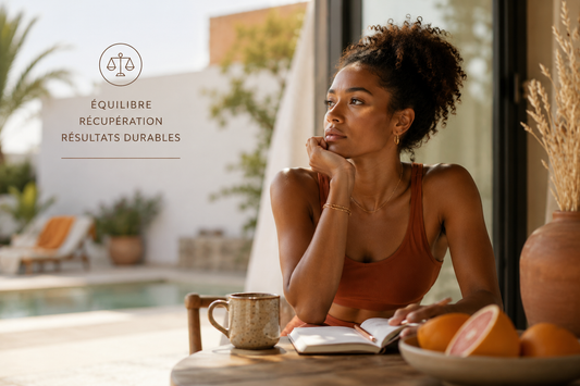 Femme africaine réfléchissant en extérieur lumineux après une période d’efforts intensifs, illustrant la récupération du corps et l’équilibre nécessaire à des résultats durables.