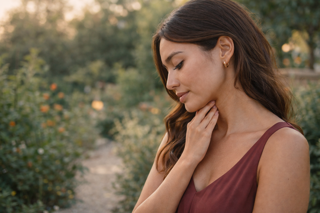 Femme latino en extérieur lumineux observant son profil double menton visage Bellasteria