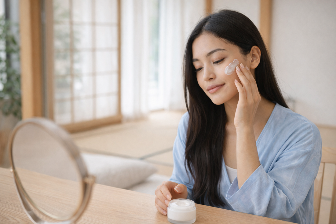 Femme asiatique appliquant une crème visage dans un intérieur minimaliste japonais illustrant l'importance d'espacer les soins pour améliorer les résultats de la peau