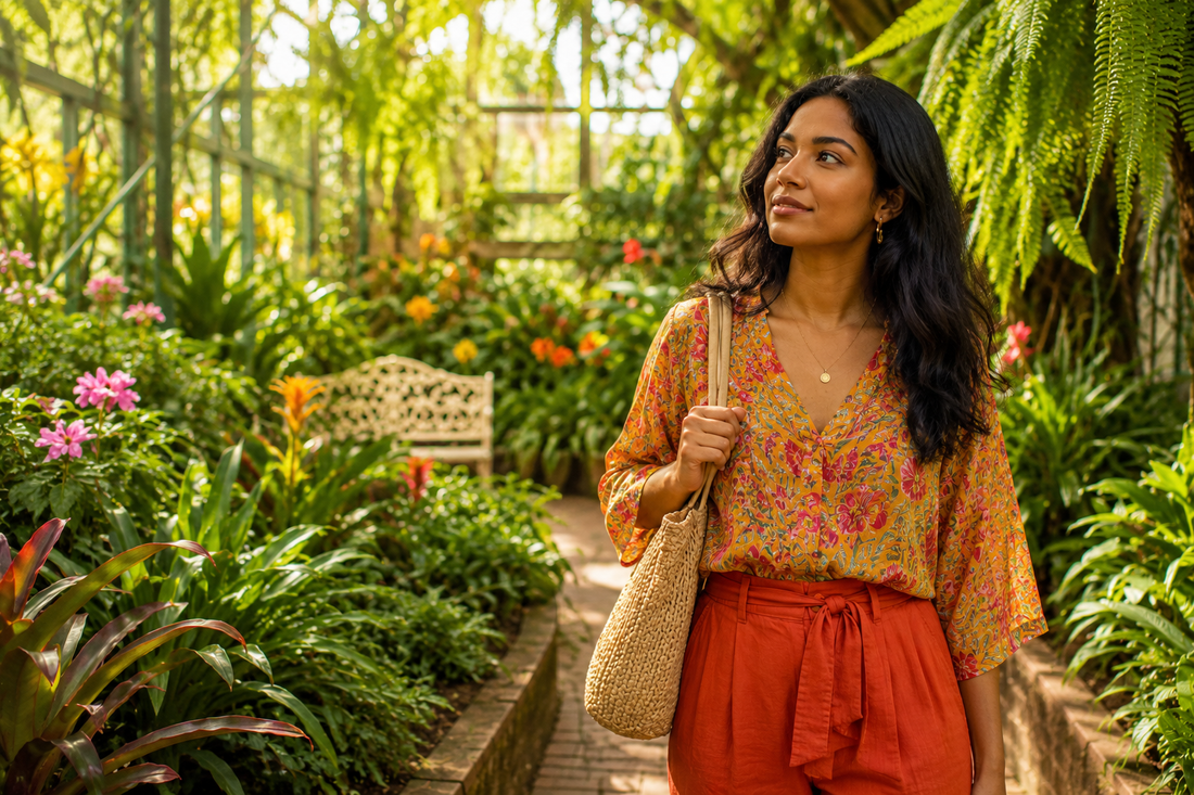 Femme indienne dans un jardin botanique luxuriant symbolisant les fluctuations naturelles de la peau, les phases d’adaptation biologique et l’évolution non linéaire des résultats cutanés.