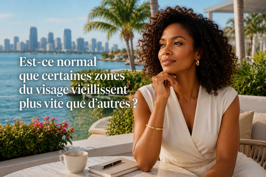 Femme afro-américaine élégante en terrasse face à la baie de Miami, illustrant les différences naturelles de vieillissement entre les zones du visage et l’évolution du rythme biologique de la peau.