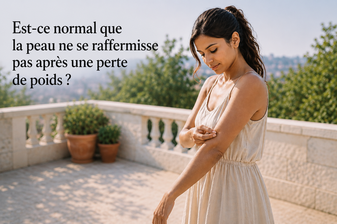 Femme observant la peau de son bras après une perte de poids, illustrant le manque de raffermissement de la peau malgré un amincissement.