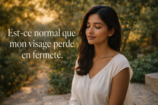 Femme aux yeux fermés dans un jardin baigné de lumière, illustrant la perte progressive de fermeté du visage et une peau qui évolue naturellement avec le temps.