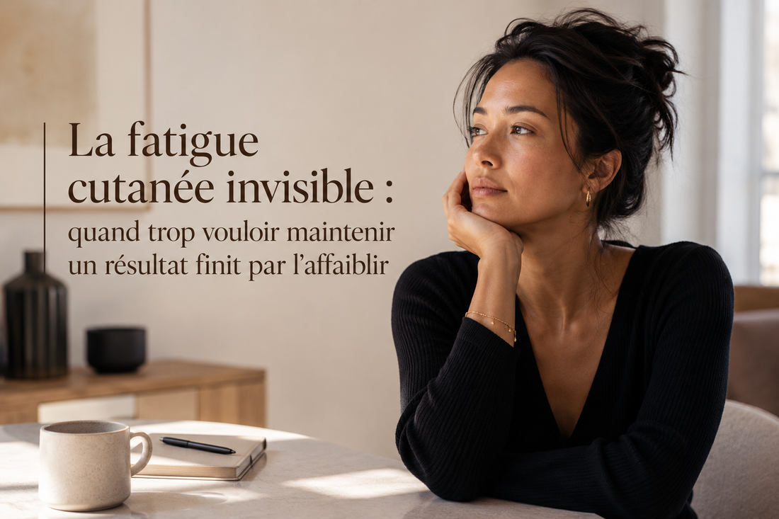 Femme pensive dans un intérieur minimaliste et chaleureux illustrant la fatigue cutanée invisible liée à une stimulation excessive et au besoin de récupération de la peau – Bellasteria