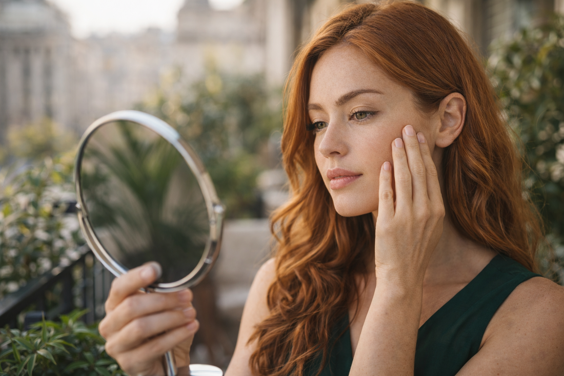 femme rousse aux cheveux longs ondulés observant les zones de son visage dans un miroir sur une terrasse