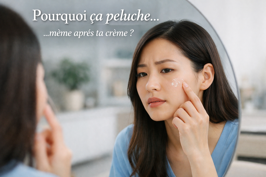 Femme asiatique observant son fond de teint qui peluche sur la joue malgré une bonne hydratation de la peau, devant un miroir lumineux