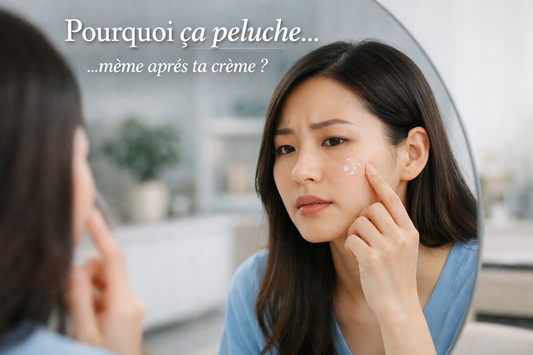 Femme asiatique observant son fond de teint qui peluche sur la joue malgré une bonne hydratation de la peau, devant un miroir lumineux