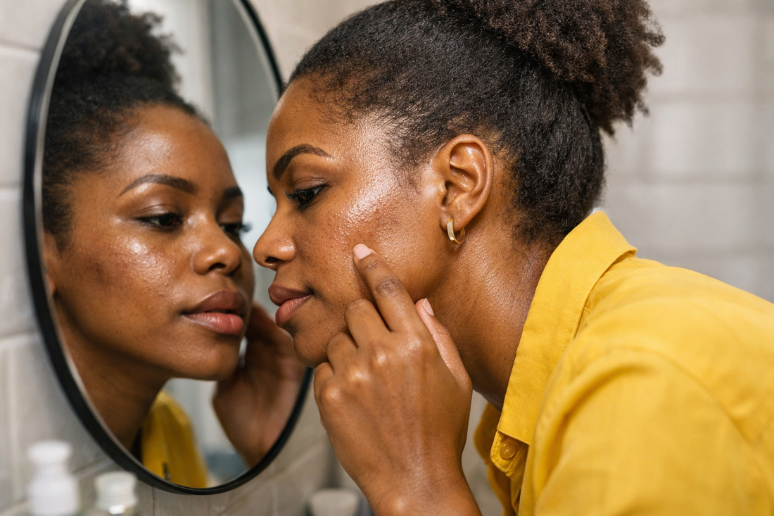 grain de peau irrégulier femme afro américaine miroir observation texture peau visage compréhension peau bellasteria