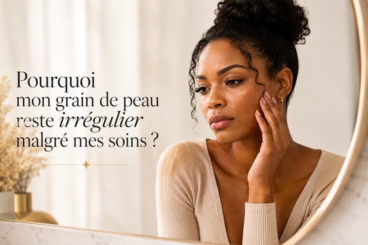 Femme observant son grain de peau dans un miroir, illustration Bellasteria expliquant pourquoi la texture de la peau peut rester irrégulière malgré une routine de soins.