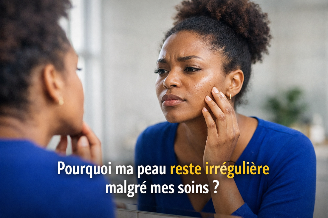 Femme afro-américaine observant son grain de peau irrégulier dans un miroir de salle de bain avec lumière naturelle