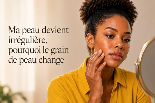 Femme observant la texture de sa peau dans un miroir pour comprendre pourquoi son grain de peau devient plus irrégulier au fil du temps.