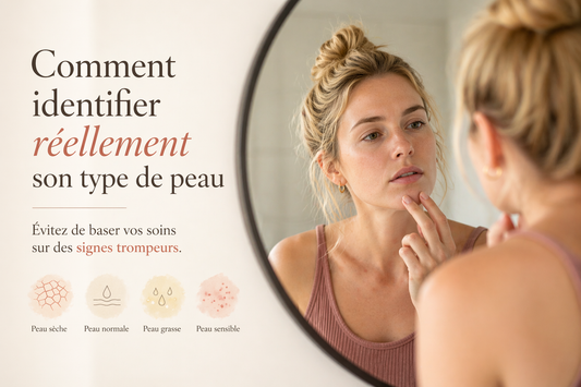 Femme observant sa peau dans un miroir en lumière naturelle pour identifier son type de peau et éviter les erreurs de diagnostic