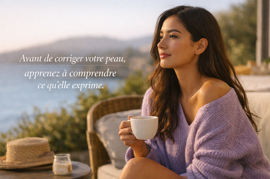 femme observant calmement sa peau sur une terrasse le matin lumiere naturelle comprendre signaux peau routine visage