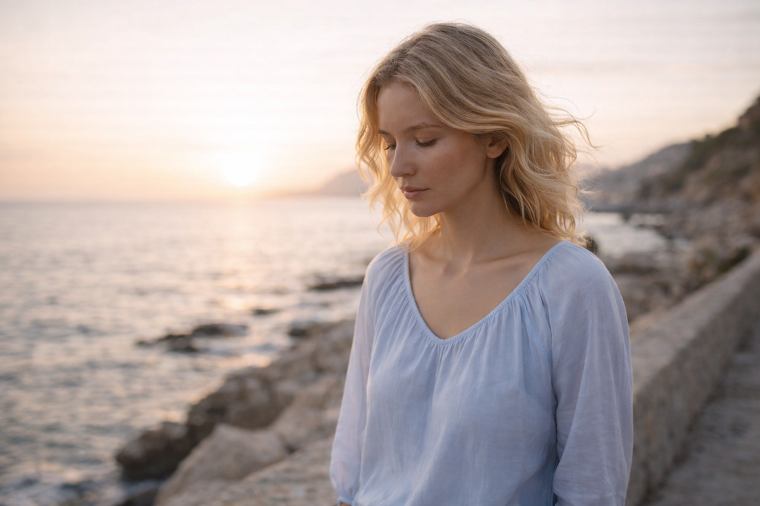 Femme marchant en bord de mer au coucher du soleil, regard vers le bas, illustrant la sensation de joues qui tombent malgré les soins