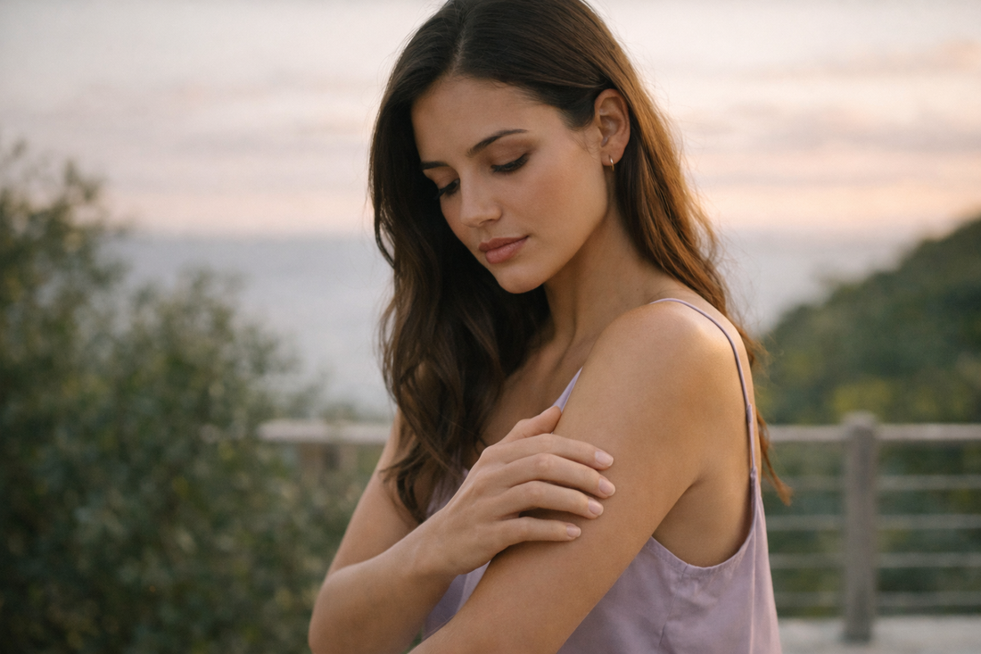 femme peau qui gratte sans raison bras extérieur lumière naturelle observation réaction peau bellasteria