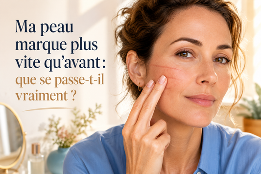 Femme observant une marque temporaire sur sa joue pour comprendre pourquoi sa peau marque plus vite qu’avant et garde certaines traces plus longtemps.