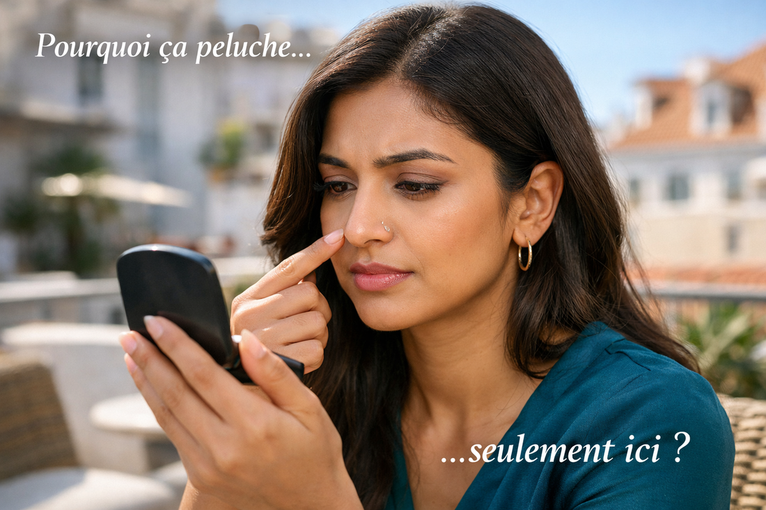 Femme indienne observant une zone du visage où le maquillage peluche légèrement près du nez sur une terrasse lumineuse