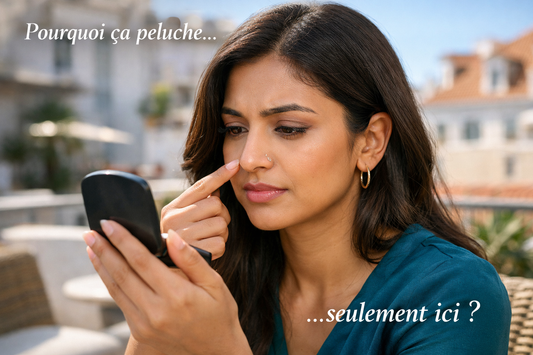 Femme indienne observant une zone du visage où le maquillage peluche légèrement près du nez sur une terrasse lumineuse