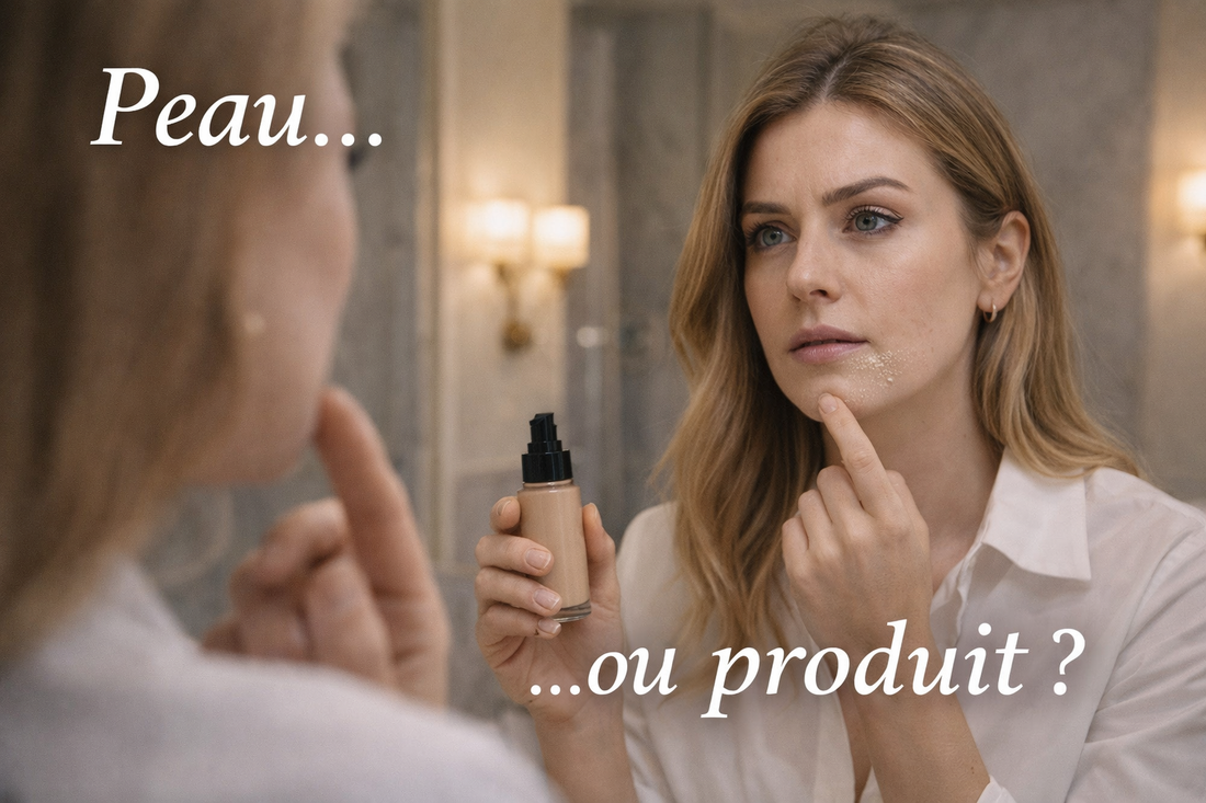 Femme regardant son reflet en tenant un produit de maquillage et observant une zone du visage où le maquillage peluche légèrement
