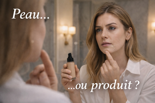Femme regardant son reflet en tenant un produit de maquillage et observant une zone du visage où le maquillage peluche légèrement