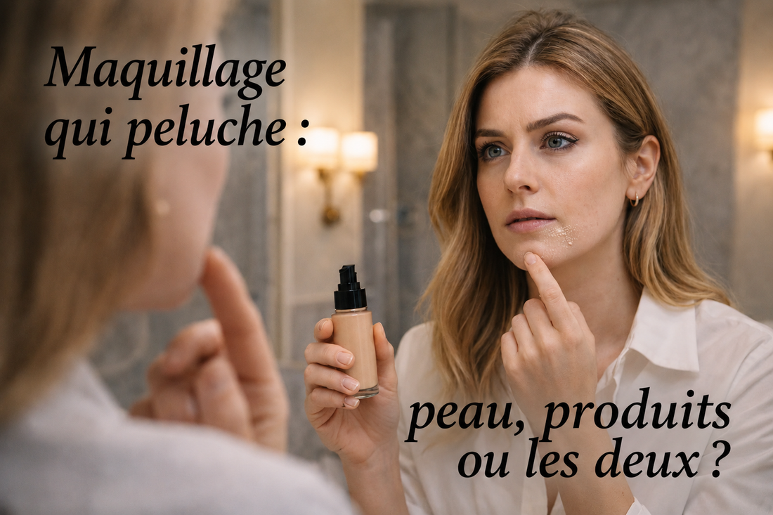 Femme observant un maquillage qui peluche sur son visage devant un miroir afin de comprendre si le problème vient de la peau, des produits ou des deux.