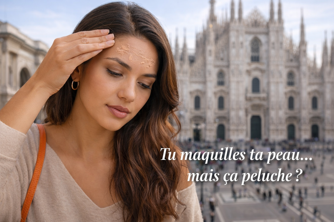 Femme à Milan appliquant du fond de teint sur le front avec un effet de maquillage qui peluche sur la peau du visage