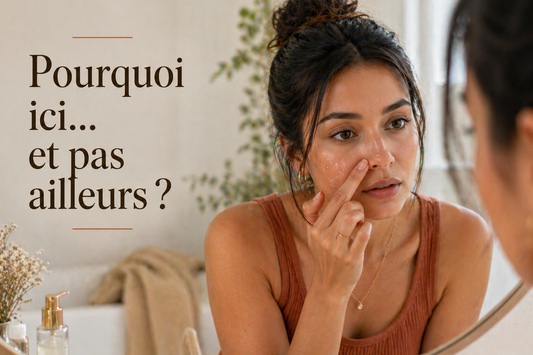 Femme observant une zone précise de son visage où le maquillage peluche devant un miroir avec lumière naturelle