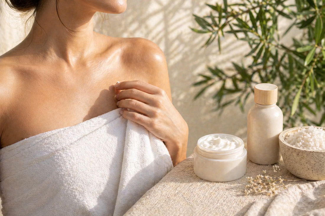 Femme appliquant un soin sur la peau du corps avec texture naturelle et lumière extérieure douce dans un environnement bien-être