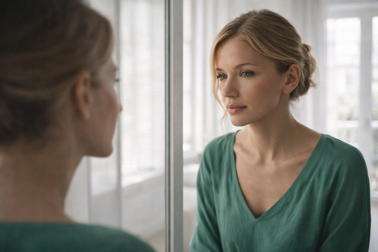 Femme regardant son reflet dans un miroir près d’une fenêtre, lumière naturelle, illustrant l’observation du visage pour détecter un affaissement