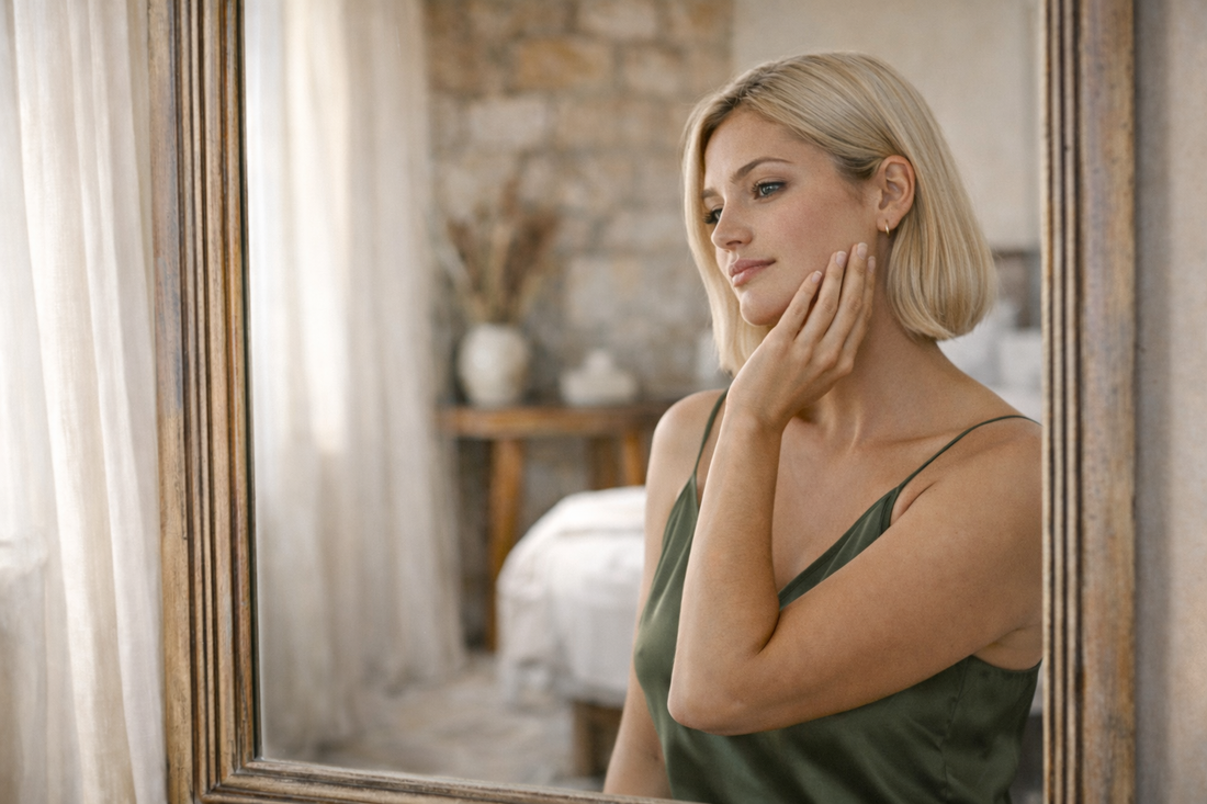 femme blonde observant l ovale de son visage dans un miroir comprendre pourquoi l ovale du visage se relache plus vite
