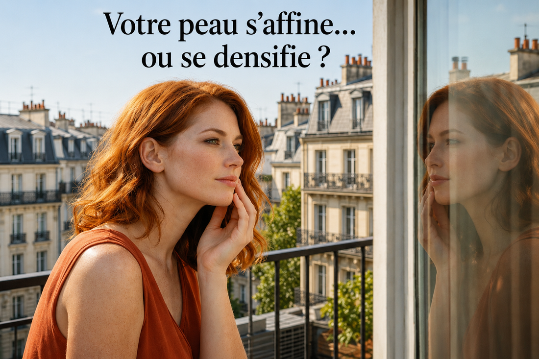 Femme rousse observant son reflet sur une terrasse en ville, illustrant les variations naturelles de densité de la peau et les phases où la peau semble plus fine ou plus dense selon les périodes.